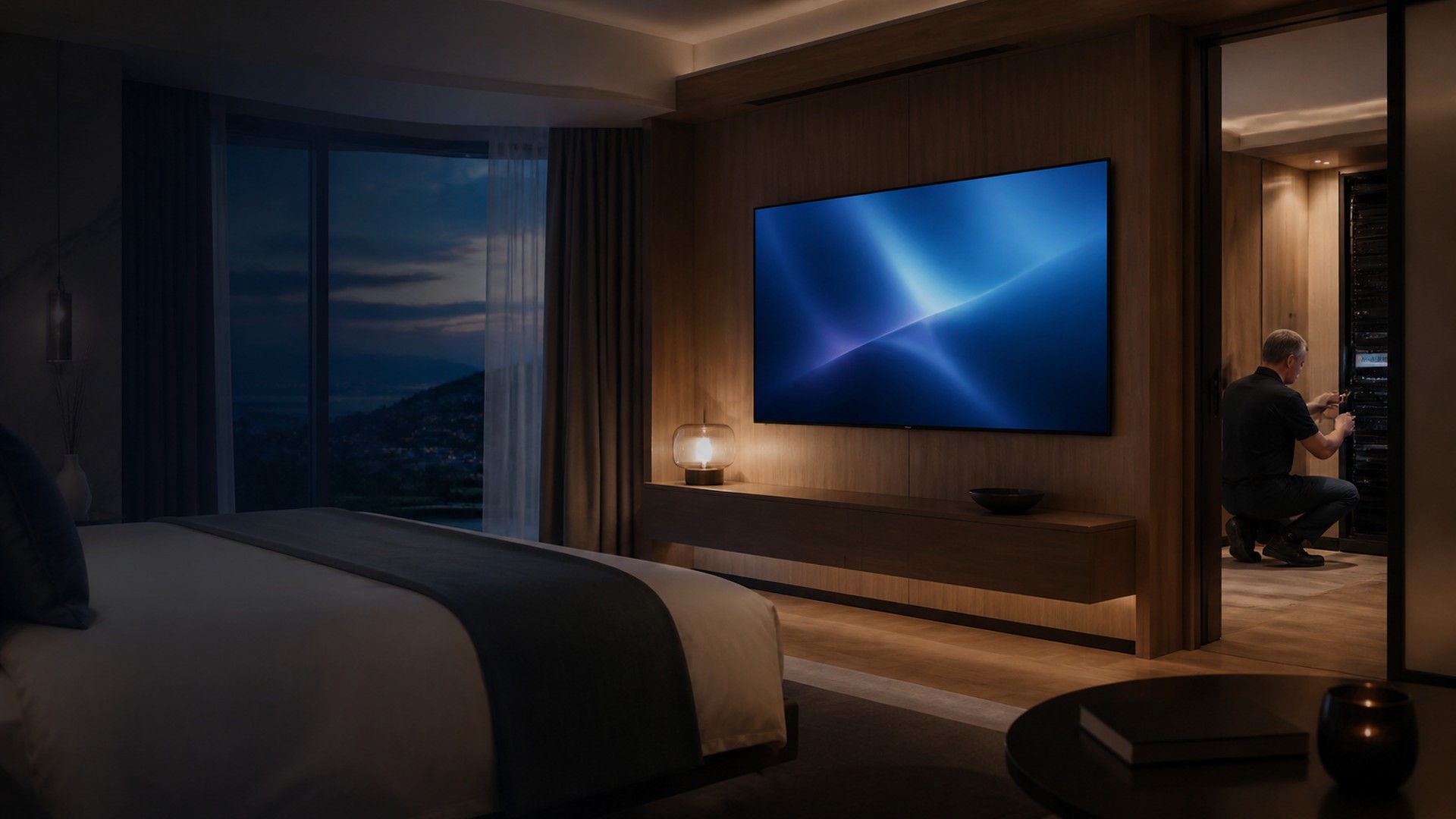 Televisore integrato in una camera di hotel di lusso con collaudo tecnico