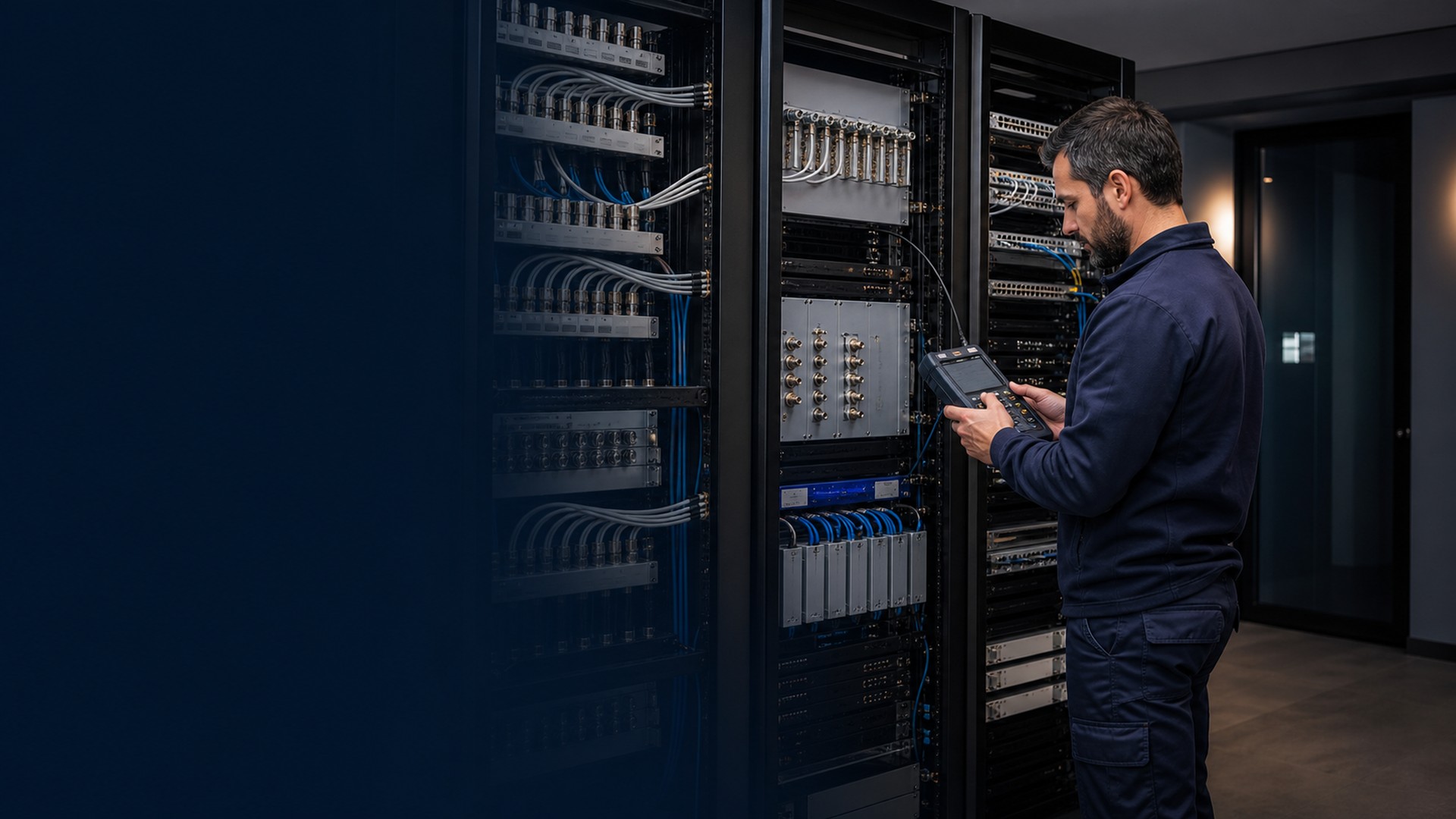 Tecnico durante il collaudo di una centrale TV e SAT professionale