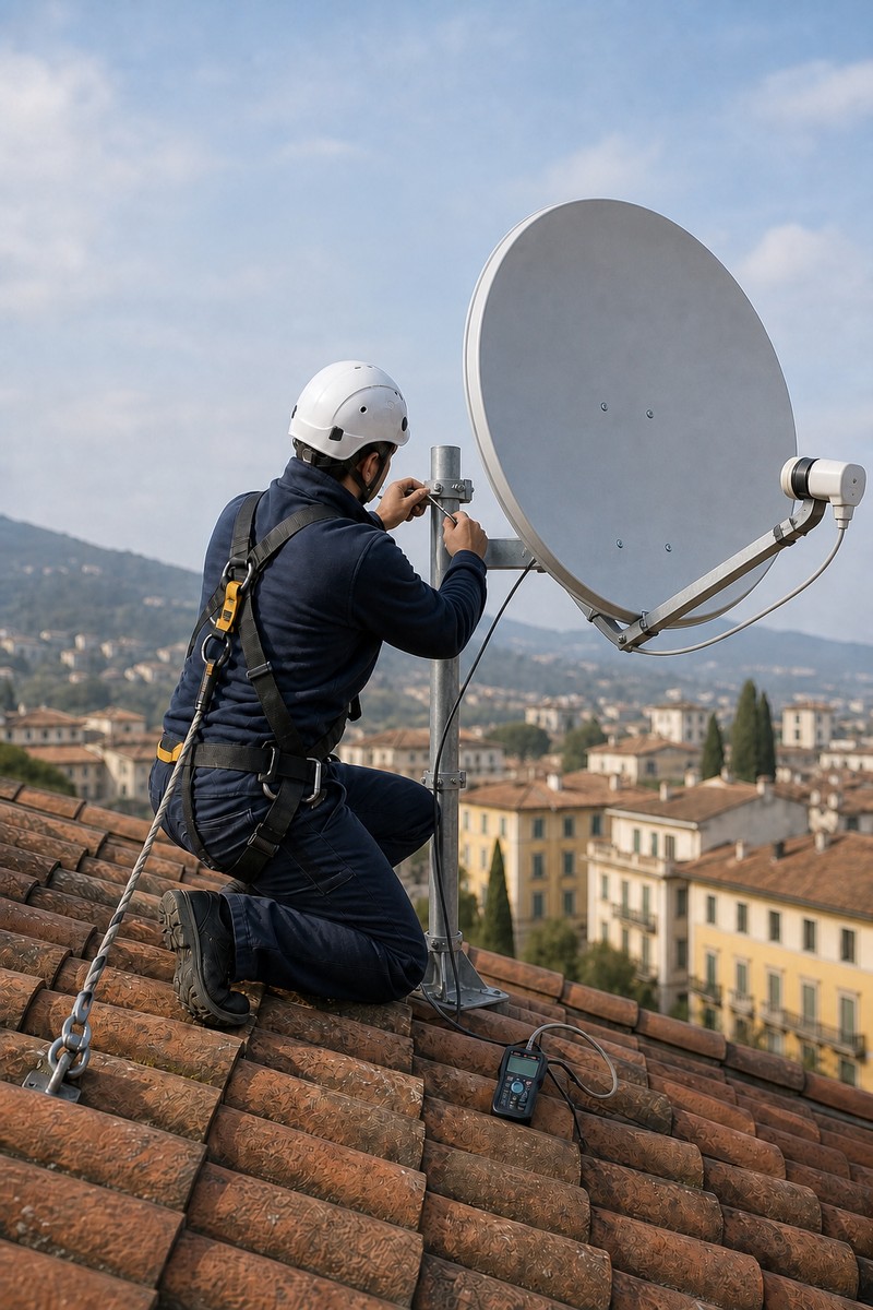 Tecnico specializzato durante l'installazione di antenne TV e SAT su un tetto