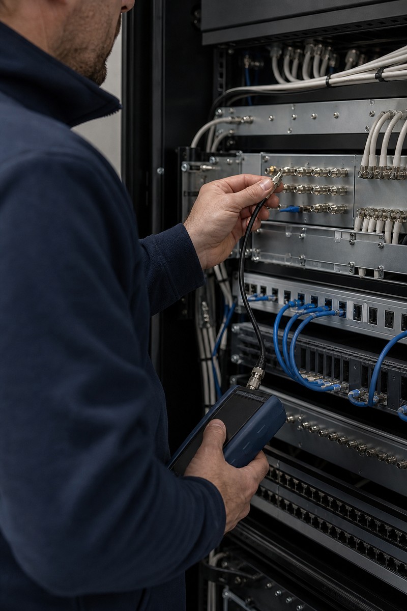 Tecnico al lavoro su centrale e cablatura TV-SAT